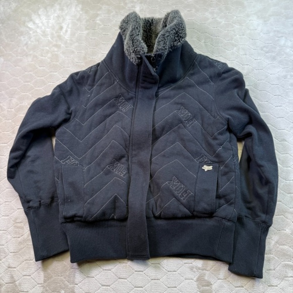 Fox‎ Faux Fur Full Zip Fox Racing Women's Full Zip Black Jacket Sz Large y2k